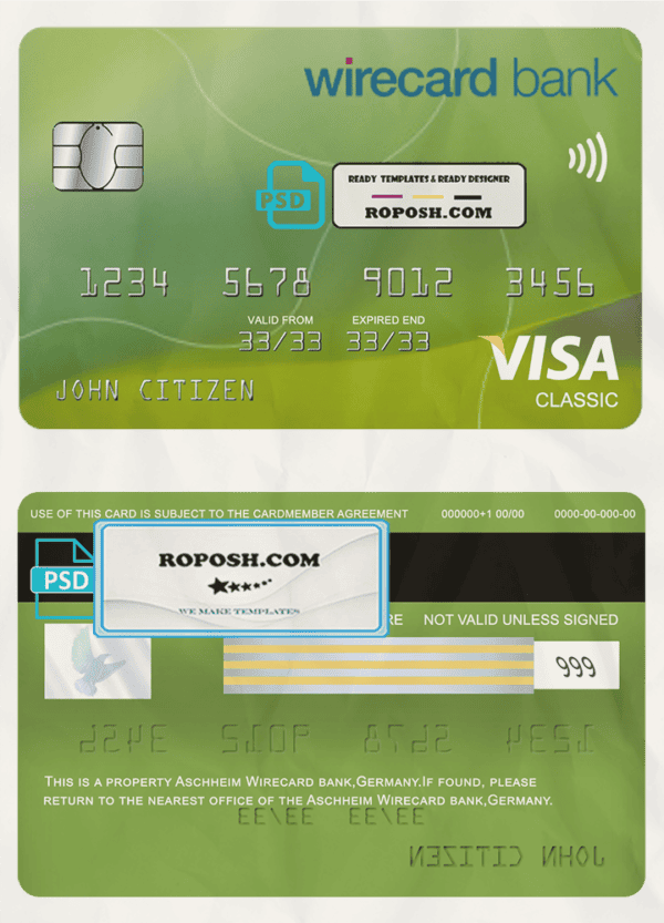 Germany Aschheim Wirecard bank visa classic card template in PSD format, fully editable