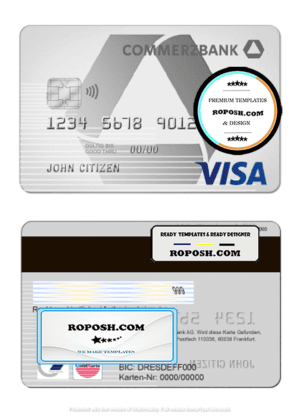 Germany Commerzbank visa card template in PSD format, fully editable