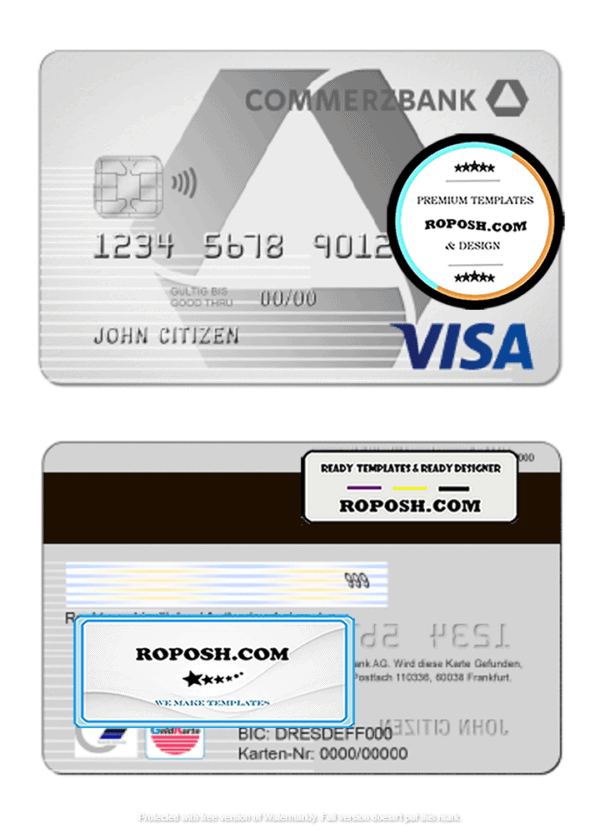 Germany Commerzbank visa card template in PSD format, fully editable
