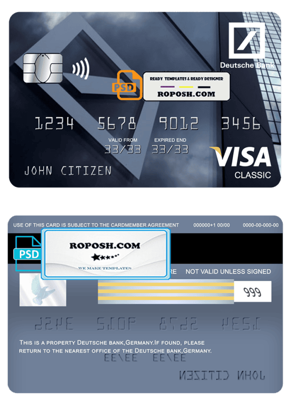 Germany Deutsche bank visa classic card template in PSD format, fully editable