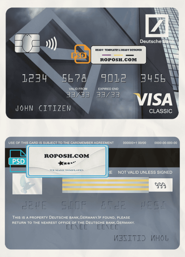 Germany Deutsche bank visa classic card template in PSD format, fully editable