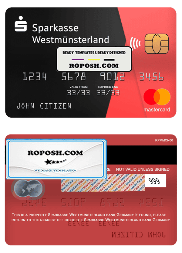 Germany Sparkasse Westmunsterland bank mastercard template in PSD format, fully editable