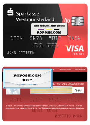 Germany Sparkasse Westmunsterland bank visa classic card template in PSD format, fully editable
