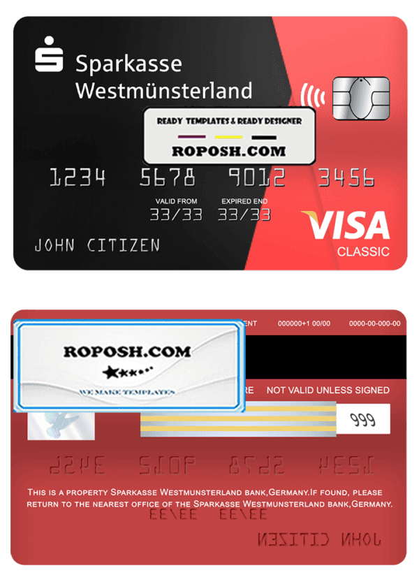 Germany Sparkasse Westmunsterland bank visa classic card template in PSD format, fully editable