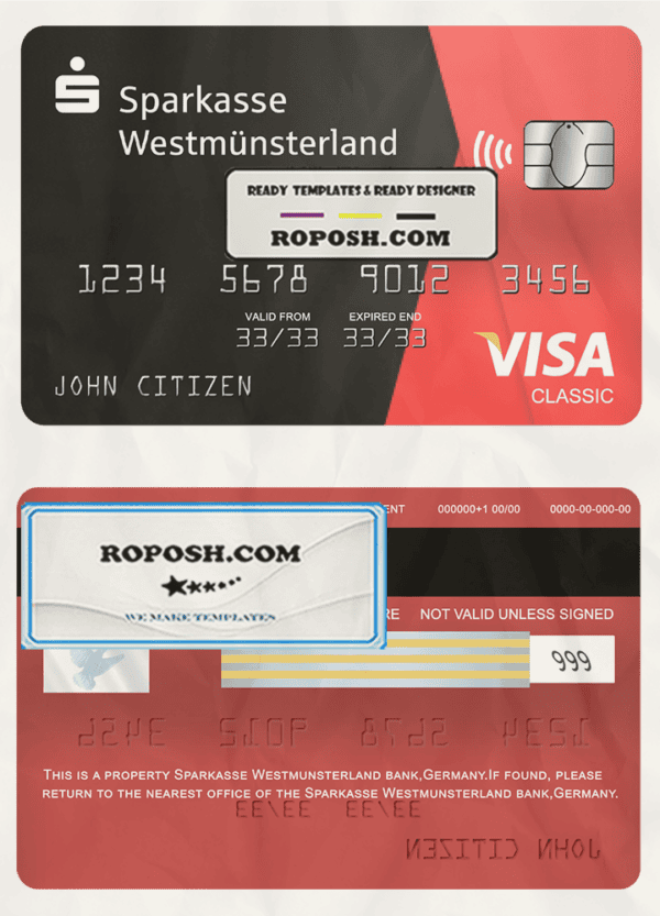 Germany Sparkasse Westmunsterland bank visa classic card template in PSD format, fully editable