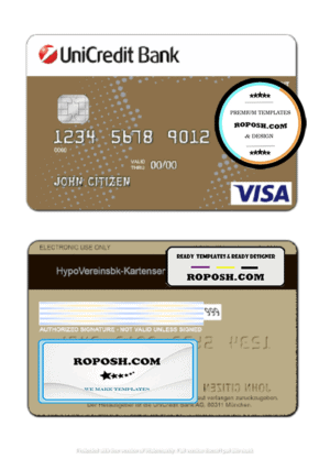Germany UniCredit Bank visa credit card template in PSD format, fully editable