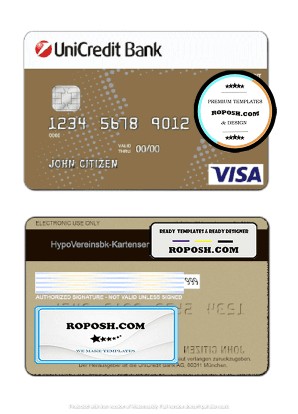 Germany UniCredit Bank visa credit card template in PSD format, fully editable
