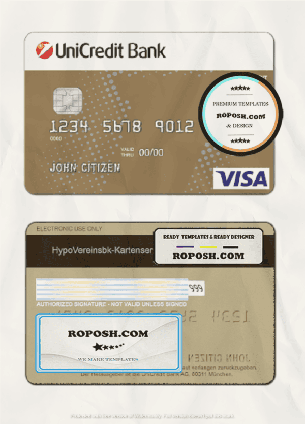 Germany UniCredit Bank visa credit card template in PSD format, fully editable