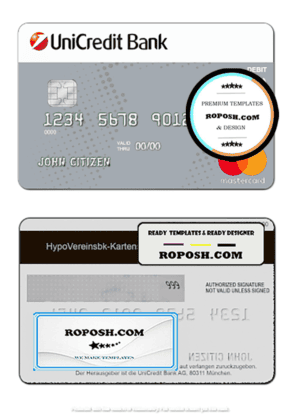 Germany UniCredit Bank mastercard credit card template in PSD format, fully editable