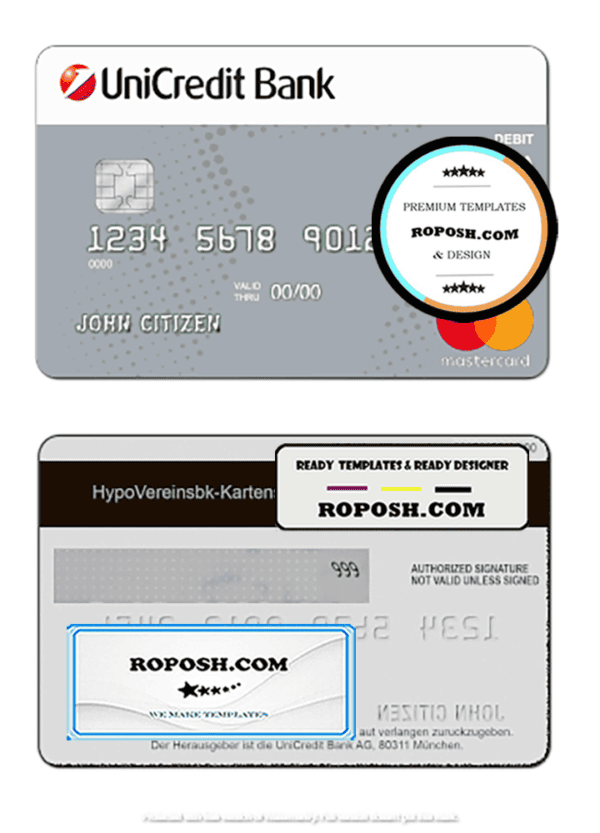 Germany UniCredit Bank mastercard credit card template in PSD format, fully editable