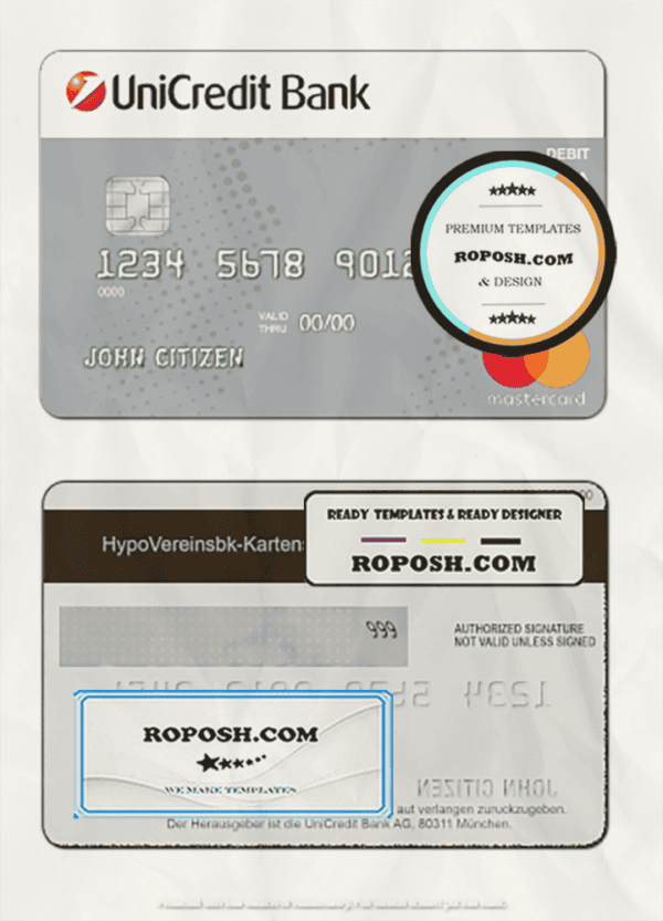 Germany UniCredit Bank mastercard credit card template in PSD format, fully editable