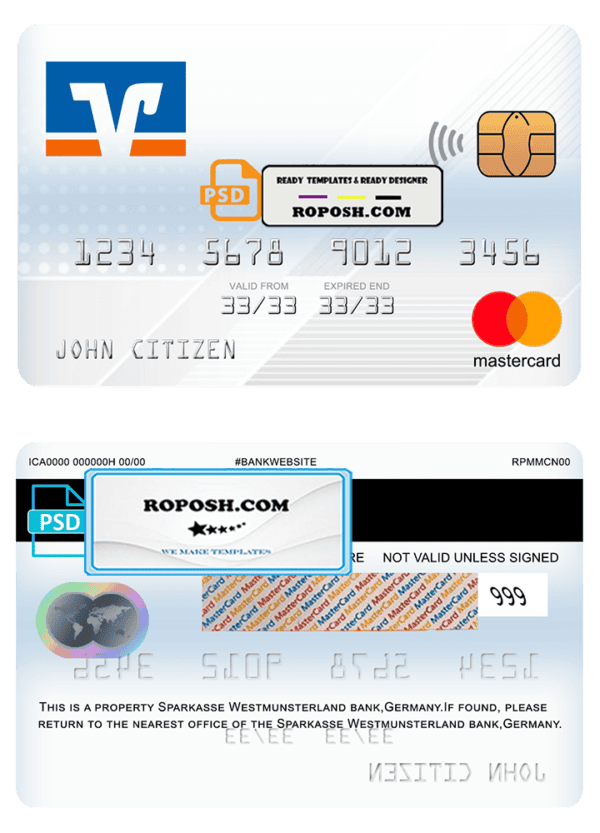Germany Volksbank Jever bank mastercard template in PSD format, fully editable