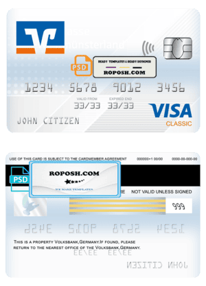 Germany Volksbank Jever bank visa classic card template in PSD format, fully editable