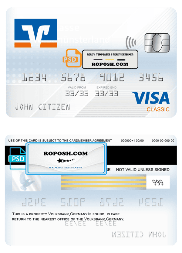 Germany Volksbank Jever bank visa classic card template in PSD format, fully editable
