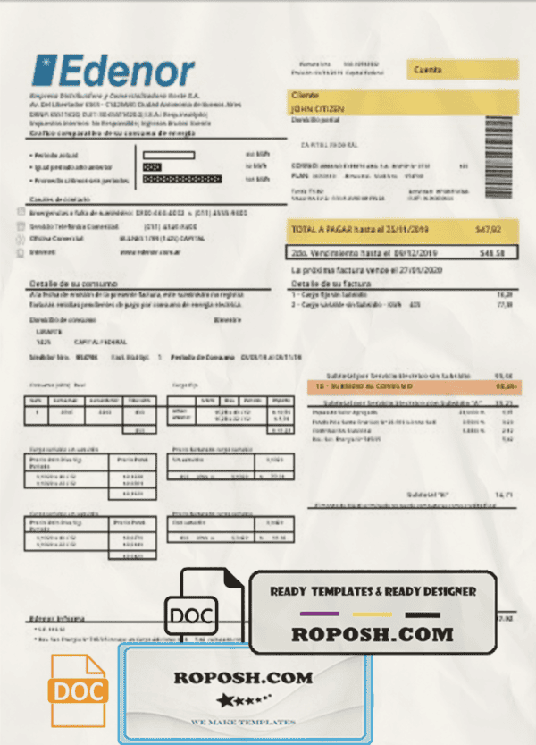 Argentina Edenor easy to fill utility bill template in Word (.doc) and PDF (.pdf) format