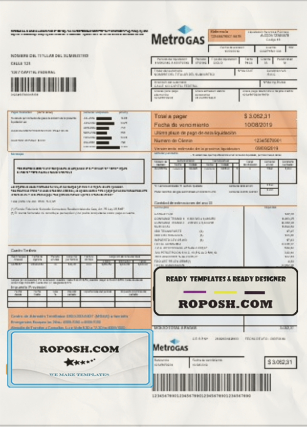Argentina Metrogas easy to fill utility bill template in Word and PDF format scan effect