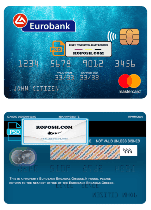 Greece Eurobank Ergasias bank mastercard template in PSD format, fully editable