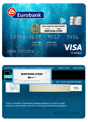 Greece Eurobank Ergasias bank visa classic card template in PSD format, fully editable