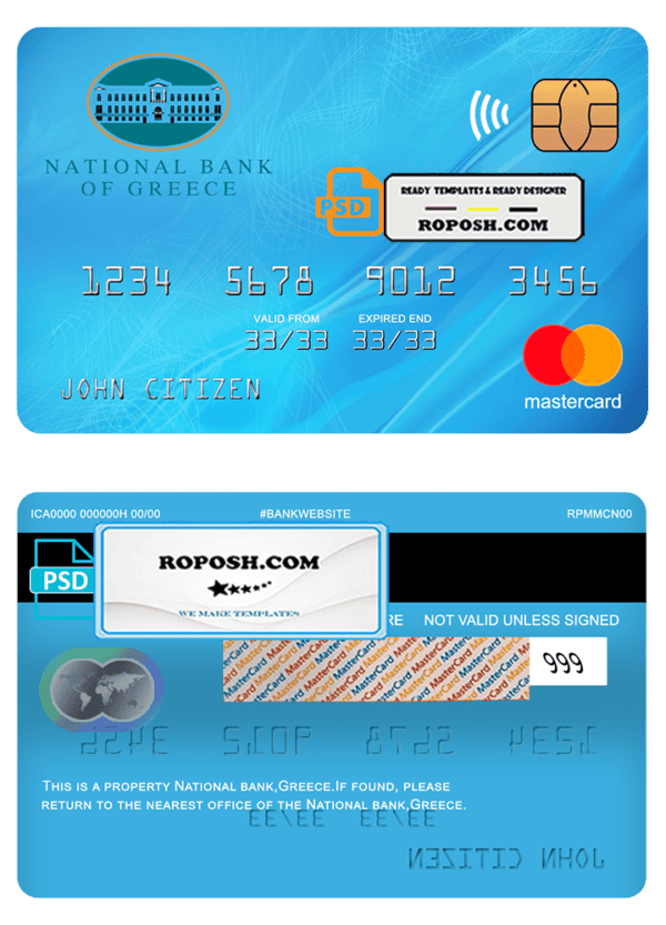 Greece National bank mastercard template in PSD format, fully editable