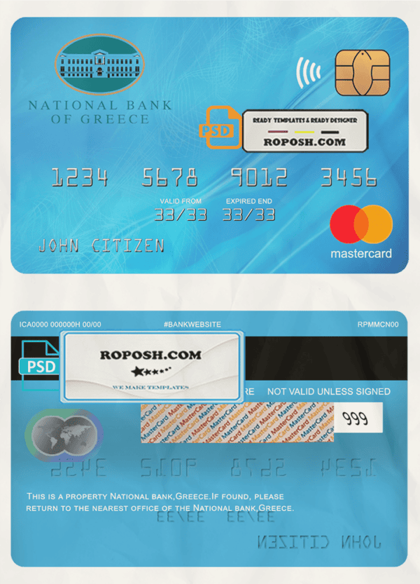 Greece National bank mastercard template in PSD format, fully editable