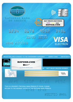 Greece National bank visa electron card template in PSD format, fully editable