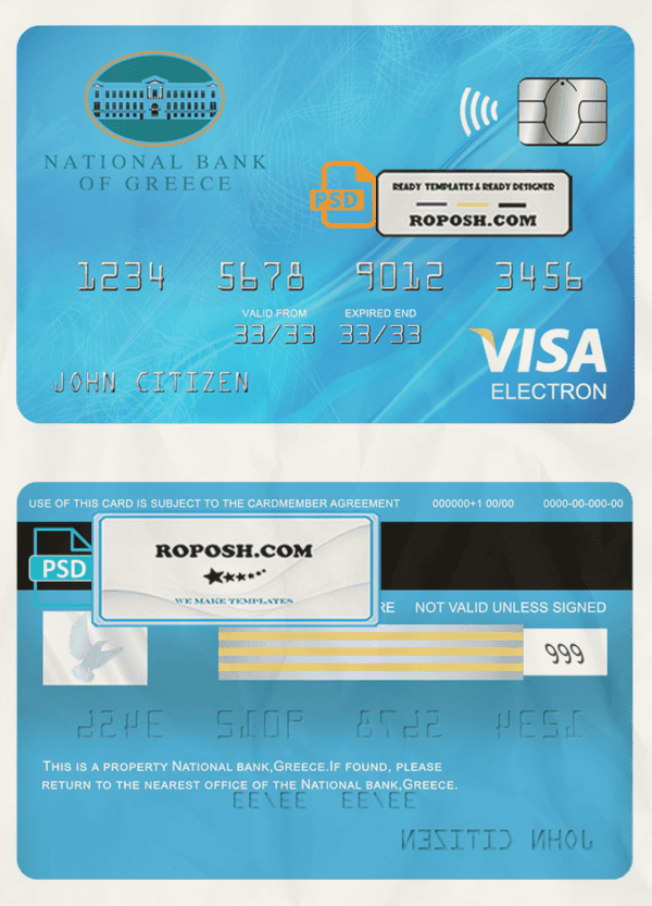 Greece National bank visa electron card template in PSD format, fully editable