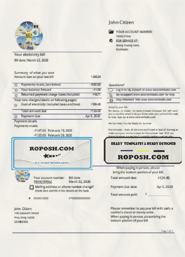 Cambodia Solar Green Energy Cambodia Co utility bill template in Word and PDF format