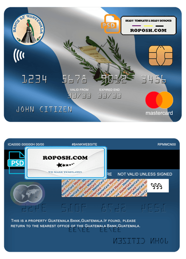 Guatemala Banco de Guatemala bank mastercard template in PSD format, fully editable
