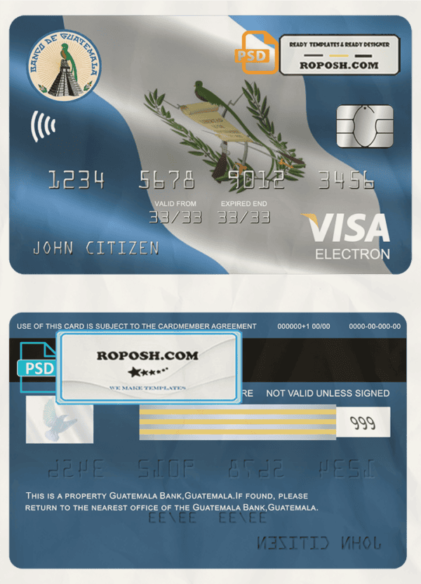 Guatemala Banco de Guatemala bank visa electron card template in PSD format, fully editable