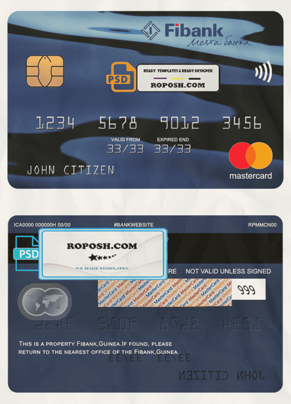 Guinea Fibank bank mastercard template in PSD format, fully editable
