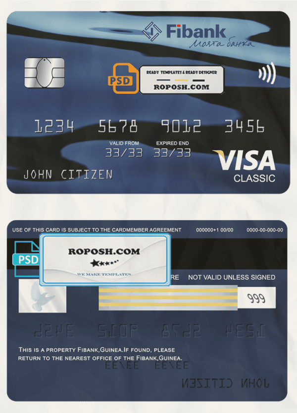 Guinea Fibank bank visa classic card template in PSD format, fully editable