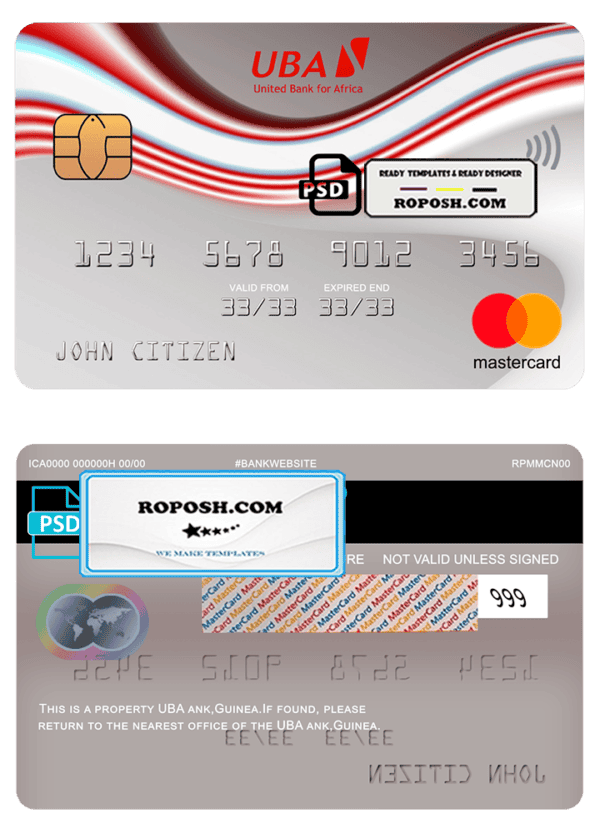 Guinea UBA bank mastercard template in PSD format, fully editable