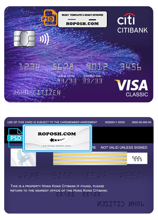 Hong Kong Citibank visa classic card template in PSD format, fully editable