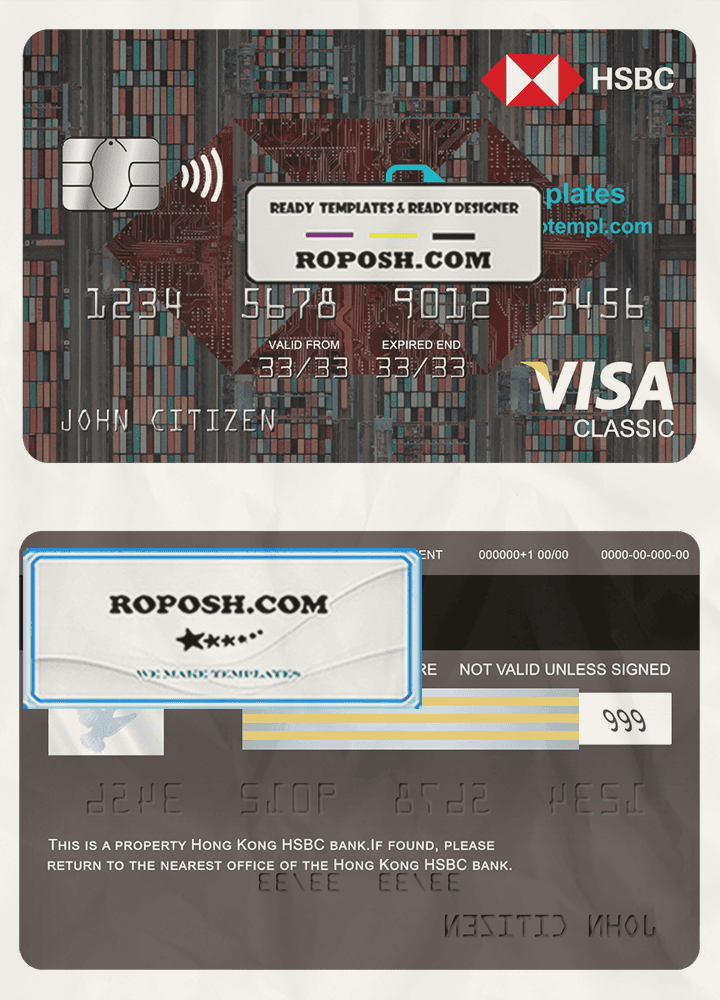 Hong Kong HSBC bank visa classic card, fully editable template in PSD