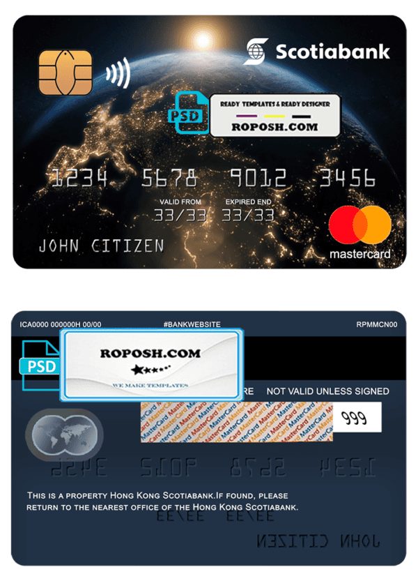 Hong Kong Scotiabank mastercard, fully editable template in PSD format
