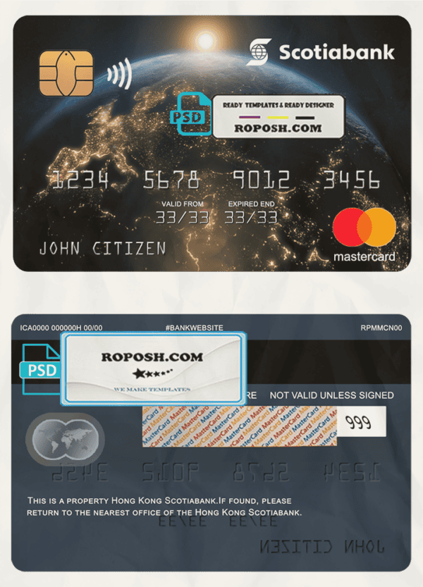Hong Kong Scotiabank mastercard, fully editable template in PSD format