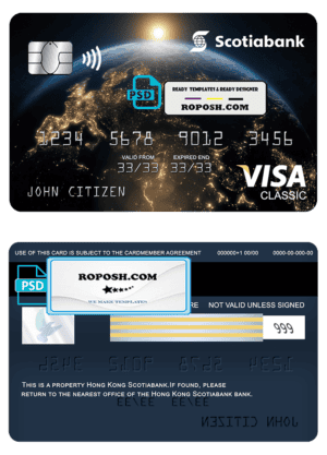 Hong Kong Scotiabank visa classic card, fully editable template in PSD format