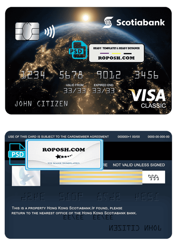 Hong Kong Scotiabank visa classic card, fully editable template in PSD format