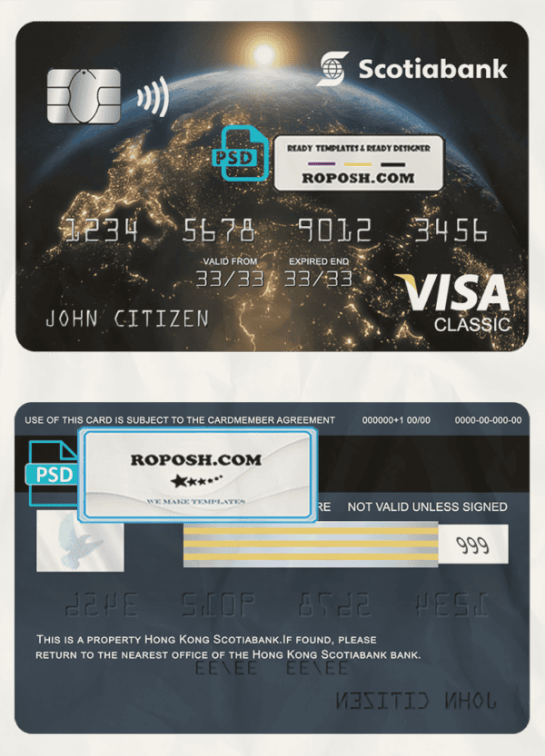 Hong Kong Scotiabank visa classic card, fully editable template in PSD format