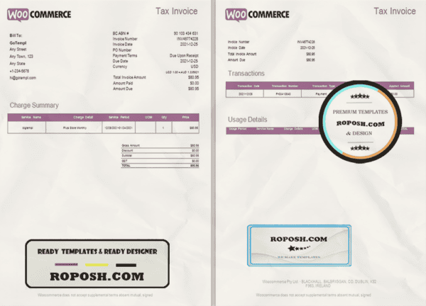 Ireland WooCommerce tax invoice template in .doc and .pdf format, fully editable