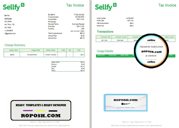 Latvia Sellfy tax invoice template in Word and PDF format, fully editable