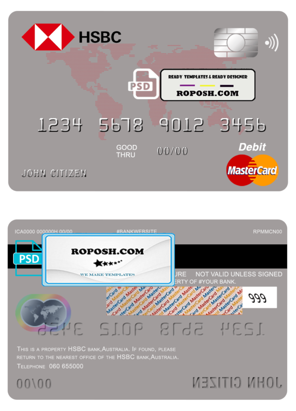 Australia HSBC bank mastercard debit card template in PSD format, fully editable