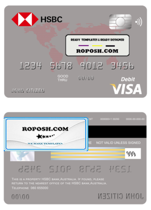 Australia HSBC bank visa card debit card template in PSD format, fully editable