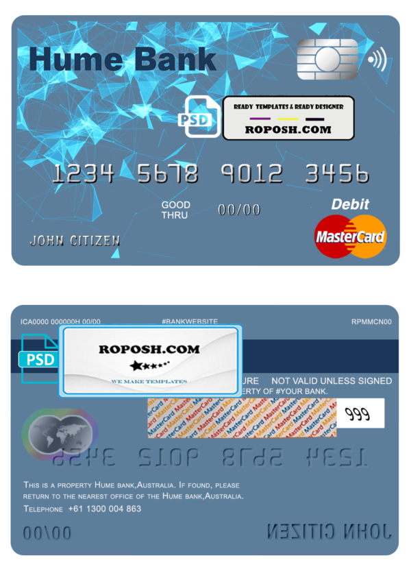Australia Humebank bank mastercard debit card template in PSD format, fully editable