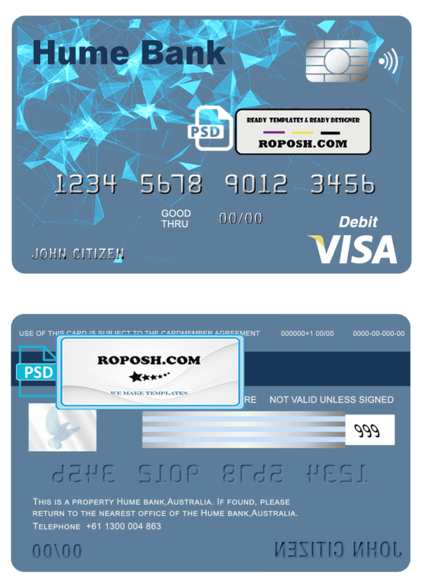 Australia Humebank bank visa card debit card template in PSD format, fully editable