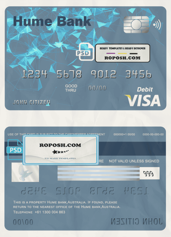 Australia Humebank bank visa card debit card template in PSD format, fully editable