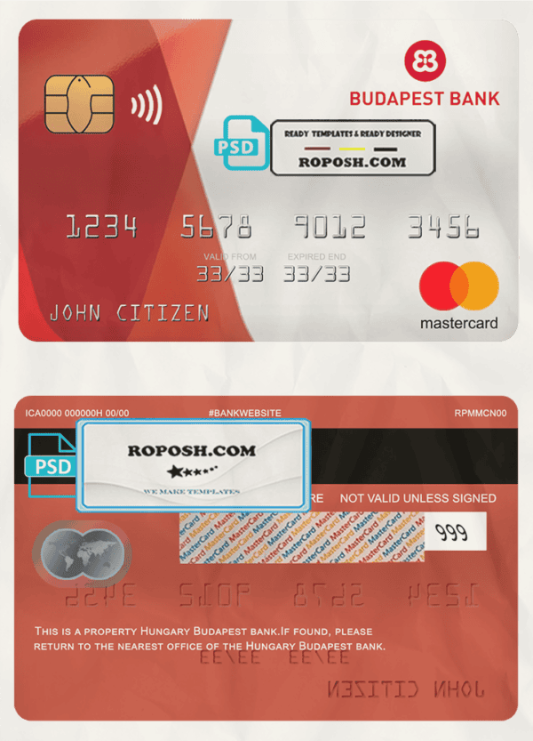 Hungary Budapest bank mastercard, fully editable template in PSD format