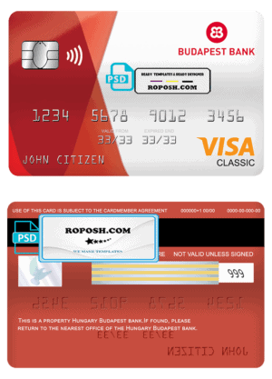 Hungary Budapest bank visa classic card, fully editable template in PSD format