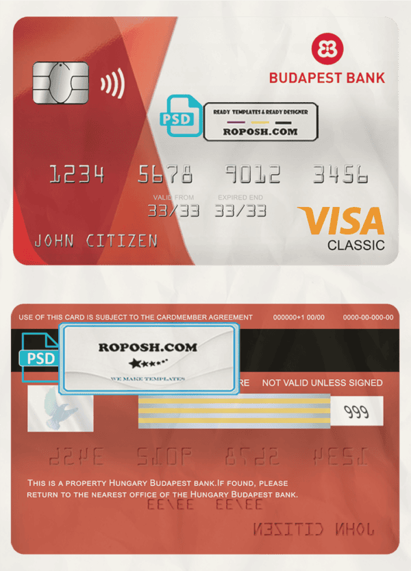 Hungary Budapest bank visa classic card, fully editable template in PSD format
