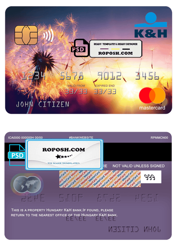 Hungary K&H bank mastercard, fully editable template in PSD format